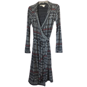 Uttam Boutique Butterfly Flowers Long Sleeve Midi Wrap Dress Grey Pink Light 0/2